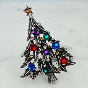Vintage JJ Jonette Christmas Tree Brooch Pin with Colorful Gems and Star Topper
